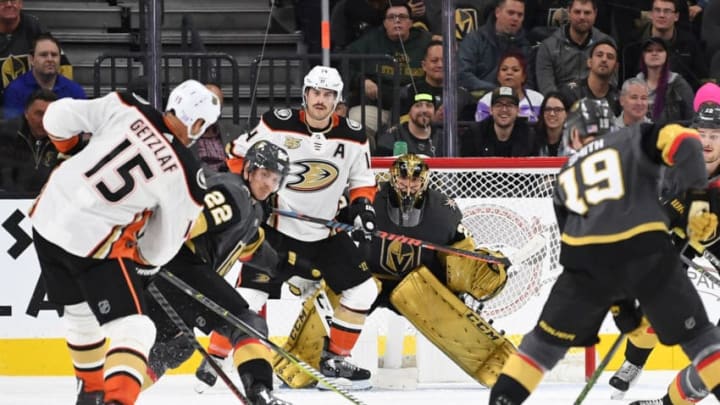 LAS VEGAS, NV - NOVEMBER 14: Marc-Andre Fleury #29 of the Vegas Golden Knights tends goal during the third period against the Anaheim Ducks at T-Mobile Arena on November 14, 2018 in Las Vegas, Nevada. (Photo by Jeff Bottari/NHLI via Getty Images)