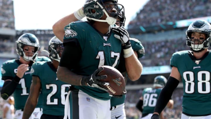 PHILADELPHIA, PENNSYLVANIA - SEPTEMBER 08: Alshon Jeffery #17 of the Philadelphia Eagles celebrates after catching a third quarter touchdown pass against the Washington Redskins at Lincoln Financial Field on September 08, 2019 in Philadelphia, Pennsylvania. (Photo by Rob Carr/Getty Images)
