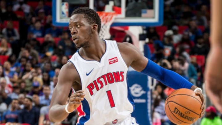 “DETROIT, MI – OCTOBER 18: Reggie Jackson #1 of the Detroit Pistons moves the ball up court against the Charlotte Hornets during the Inaugural NBA game at the new Little Caesars Arena on October 18, 2017 in Detroit, Michigan. NOTE TO USER: User expressly acknowledges and agrees that, by downloading and or using this photograph, User is consenting to the terms and conditions of the Getty Images License Agreement. The Pistons defeated the Hornets 102 to 90. (Photo by Dave Reginek/Getty Images)