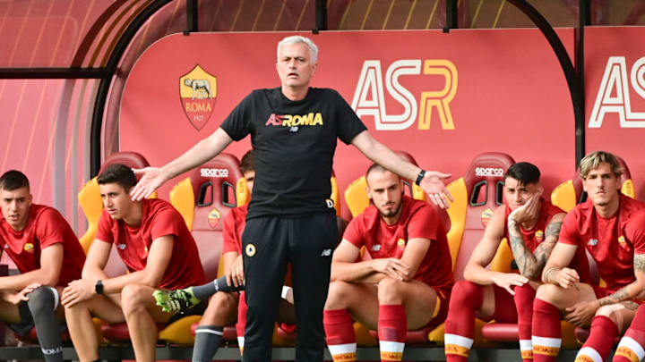 ROME, ITALY - JULY 15: AS Roma coach Josè Mourinho reacts during the Pre-Season Friendly match between AS Roma and Montecatini at Centro Sportivo Fulvio Bernardini on July 15, 2021 in Rome, Italy.