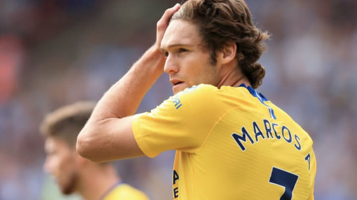 HUDDERSFIELD, ENGLAND - AUGUST 11: Marcos Alonso of Chelsea looks on during the Premier League match between Huddersfield Town and Chelsea at the John Smith's Stadium on August 11, 2018 in Huddersfield, England. (Photo by Simon Stacpoole/Offside/Getty Images)
