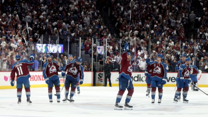 DENVER, COLORADO - JUNE 18: The Colorado Avalanche celebrate a win over the Tampa Bay Lightning in Game Two of the 2022 NHL Stanley Cup Final at Ball Arena on June 18, 2022 in Denver, Colorado. (Photo by Matthew Stockman/Getty Images)