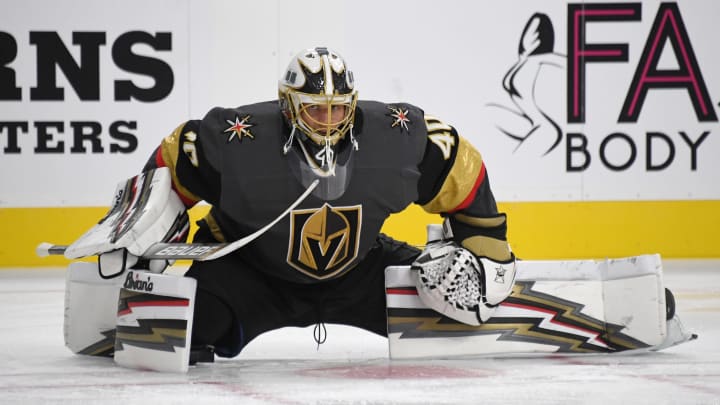 LAS VEGAS, NEVADA – SEPTEMBER 15: Garret Sparks #40 of the Vegas Golden Knights stretches during warmups before a preseason game against the Arizona Coyotes at T-Mobile Arena on September 15, 2019 in Las Vegas, Nevada. The Golden Knights defeated the Coyotes 6-2. (Photo by Ethan Miller/Getty Images)