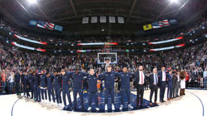 SALT LAKE CITY, UT – OCTOBER 21: The Utah Jazz stand for the National Anthem before the game against the Oklahoma City Thunder on October 21, 2017 at vivint.SmartHome Arena in Salt Lake City, Utah. NOTE TO USER: User expressly acknowledges and agrees that, by downloading and or using this Photograph, User is consenting to the terms and conditions of the Getty Images License Agreement. Mandatory Copyright Notice: Copyright 2017 NBAE (Photo by Melissa Majchrzak/NBAE via Getty Images)