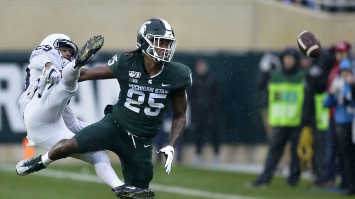 EAST LANSING, MI – OCTOBER 26: Cornerback John Reid #29 of the Penn State Nittany Lions breaks up a pass intended for wide receiver Darrell Stewart Jr. #25 of the Michigan State Spartans during the first half at Spartan Stadium on October 26, 2019 in East Lansing, Michigan. (Photo by Duane Burleson/Getty Images)