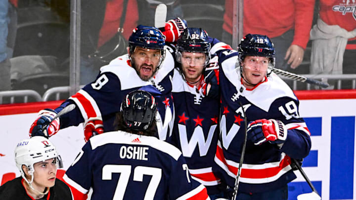 Alex Ovechkin, T.J. Oshie, Evgeny Kuznetsov, Nicklas Backstrom, Washington Capitals Mandatory Credit: Brad Mills-USA TODAY Sports