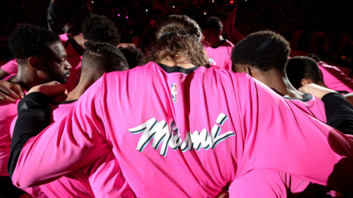 MIAMI, FL - DECEMBER 26: The Miami Heat huddle before the game against the Toronto Raptors on December 26, 2018 at American Airlines Arena in Miami, Florida. NOTE TO USER: User expressly acknowledges and agrees that, by downloading and/or using this photograph, user is consenting to the terms and conditions of the Getty Images License Agreement. Mandatory Copyright Notice: Copyright 2018 NBAE (Photo by Issac Baldizon/NBAE via Getty Images)