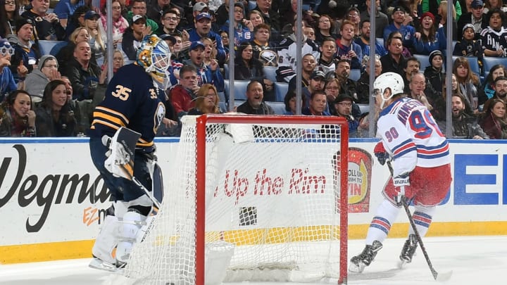 BUFFALO, NY – FEBRUARY 15: Vladislav Namestnikov #90 of the New York Rangers scores a goal during the third period of an NHL game against Linus Ullmark #35 of the Buffalo Sabres on February 15, 2019 at KeyBank Center in Buffalo, New York. New York won, 6-2. (Photo by Joe Hrycych/NHLI via Getty Images)