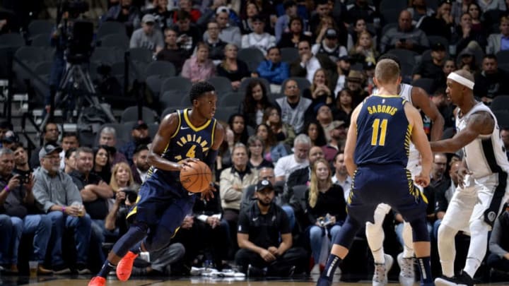 SAN ANTONIO, TX - OCTOBER 24: Victor Oladipo #4 of the Indiana Pacers handles the ball against the San Antonio Spurs on October 24, 2018 at the AT&T Center in San Antonio, Texas. (Photos by Mark Sobhani/NBAE via Getty Images)