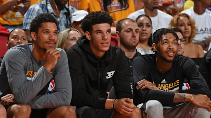 LAS VEGAS, NV - JULY 17: Lonzo Ball #2 and Brandon Ingram #14 of the Los Angeles Lakers watch from the sideline against the Portland Trailblazers of the during the 2017 Summer League Finals on July 17, 2017 at the Thomas & Mack Center in Las Vegas, Nevada. NOTE TO USER: User expressly acknowledges and agrees that, by downloading and/or using this Photograph, user is consenting to the terms and conditions of the Getty Images License Agreement. Mandatory Copyright Notice: Copyright 2017 NBAE (Photo by Garrett Ellwood/NBAE via Getty Images)