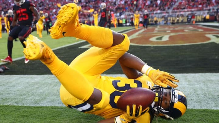 SANTA CLARA, CA - SEPTEMBER 21: Todd Gurley #30 of the Los Angeles Rams scores a touchdown against the San Francisco 49ers during their NFL game at Levi's Stadium on September 21, 2017 in Santa Clara, California. (Photo by Ezra Shaw/Getty Images)