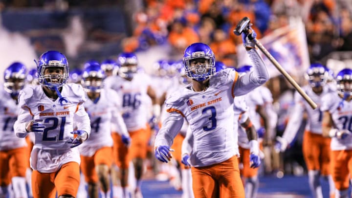 BOISE, ID - OCTOBER 15: Safety Chanceller James #3 of the Boise State Broncos leads his team out to start the game against the Colorado State Rams on October 15, 2016 at Albertsons Stadium in Boise, Idaho. (Photo by Loren Orr/Getty Images)