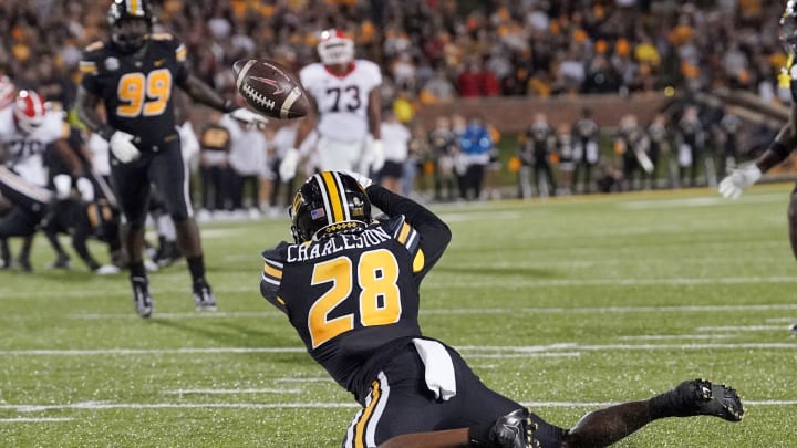 Oct 1, 2022; Columbia, Missouri, USA; Missouri Tigers defensive back Joseph Charleston (28) misses intercepting a pass against the Georgia Bulldogs during the first half at Faurot Field at Memorial Stadium. Mandatory Credit: Denny Medley-USA TODAY Sports