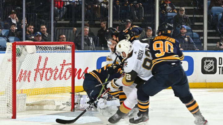 BUFFALO, NY - JANUARY 14: Tomas Nosek #92 of the Vegas Golden Knights scores a goal against Linus Ullmark #35 of the Buffalo Sabres during the second period of an NHL game on January 14, 2020 at KeyBank Center in Buffalo, New York. (Photo by Joe Hrycych/NHLI via Getty Images)