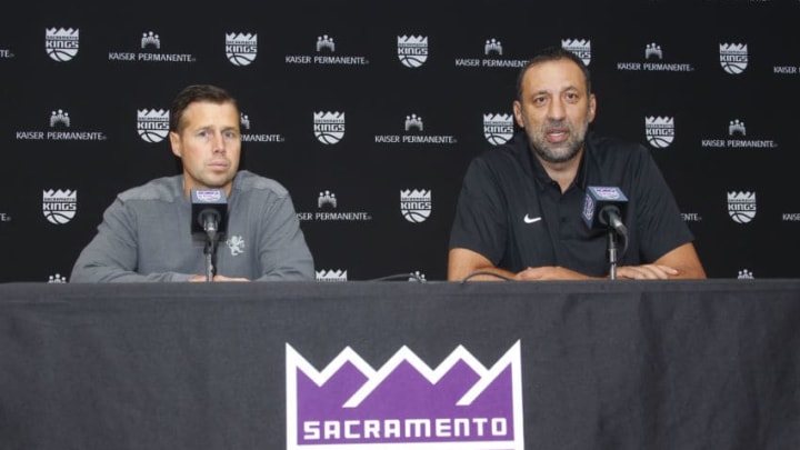 SACRAMENTO, CA - JUNE 24: Head Coach Dave Joerger and General Manager Vlade Divac of the Sacramento Kings address the media at a press conference on September 27, 2017 at the Golden 1 Center in Sacramento, California. NOTE TO USER: User expressly acknowledges and agrees that, by downloading and/or using this Photograph, user is consenting to the terms and conditions of the Getty Images License Agreement. Mandatory Copyright Notice: Copyright 2017 NBAE (Photo by Rocky Widner/NBAE via Getty Images)