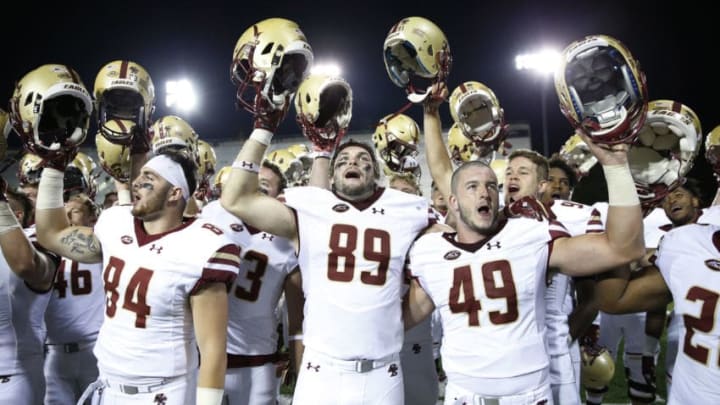 DEKALB, IL – SEPTEMBER 01: Boston College Eagles players celebrate after a win against the Northern Illinois Huskies at Huskie Stadium on September 1, 2017 in DeKalb, Illinois. Boston College won 23-20. (Photo by Joe Robbins/Getty Images)