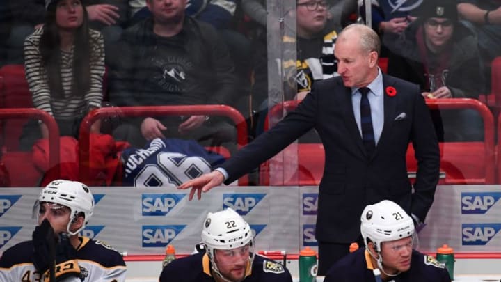 Ralph Krueger head coach of Buffalo Sabres reacts during the NHL Global Series Ice Hockey match Tampa Bay Lightning v Buffalo Sabres in Stockholm on November 9, 2019. (Photo by JONATHAN NACKSTRAND / AFP) (Photo by JONATHAN NACKSTRAND/AFP via Getty Images)