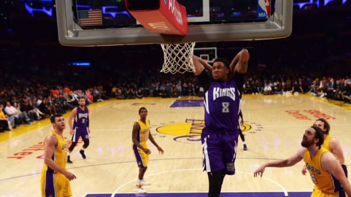 Mar 15, 2016; Los Angeles, CA, USA; Sacramento Kings forward Rudy Gay (8) dunks the ball against the Los Angeles Lakers during an NBA game at Staples Center. The Kings defeated the Lakers 106-98. Mandatory Credit: Kirby Lee-USA TODAY Sports