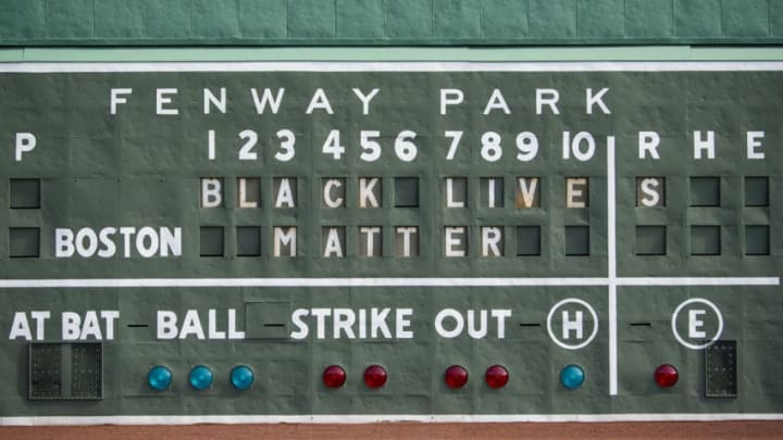 BOSTON, MA - JUNE 2: A Black Lives Matter message is displayed on the Green Monster scoreboard in response to the recent death of George Floyd on June 2, 2020 at Fenway Park in Boston, Massachusetts. Protests spread across cities in the U.S., and in other parts of the world in response to the death of African American George Floyd while in police custody in Minneapolis, Minnesota. (Photo by Billie Weiss/Boston Red Sox/Getty Images)
