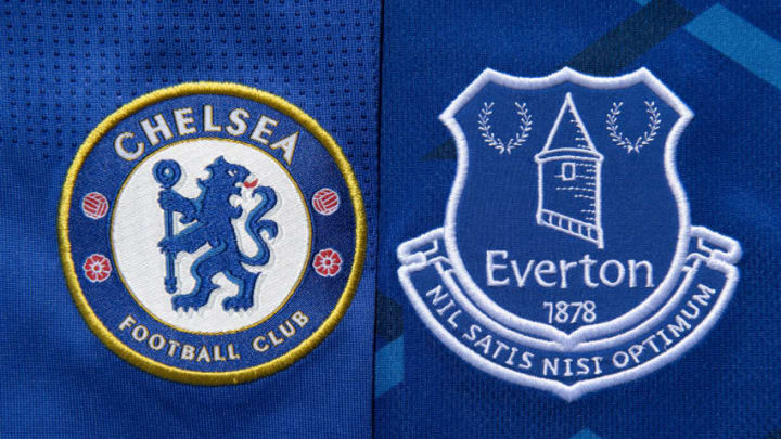 MANCHESTER, ENGLAND - MAY 13: The Chelsea and Everton club crests on their first team home shirts on May 13, 2020 in Manchester, England. (Photo by Visionhaus)
