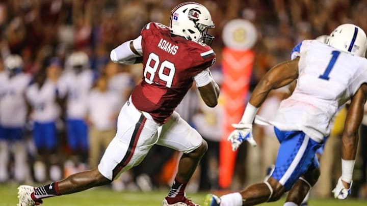 Sep 12, 2015; Columbia, SC, USA; South Carolina Gamecocks tight end Jerell Adams (89) runs towards the end zone after making a catch during the second half at Williams-Brice Stadium. Kentucky wins 26-22 over South Carolina. Mandatory Credit: Jim Dedmon-USA TODAY Sports