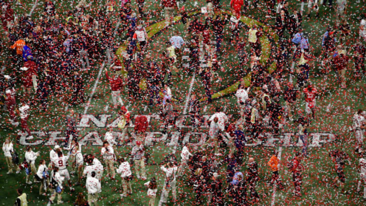 ATLANTA, GA - JANUARY 08: Members of the Alabama Crimson Tide celebrate after winning the CFP National Championship presented by AT&T against the Georgia Bulldogs at Mercedes-Benz Stadium on January 8, 2018 in Atlanta, Georgia. (Photo by Scott Cunningham/Getty Images) *** Local Caption ***