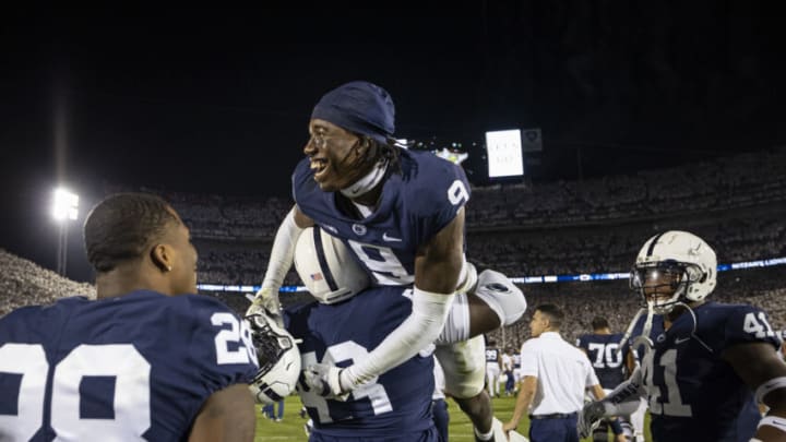 STATE COLLEGE, PA - SEPTEMBER 18: Joey Porter Jr. #9 of the Penn State Nittany Lions celebrates with teammates after the game against the Auburn Tigers at Beaver Stadium on September 18, 2021 in State College, Pennsylvania. (Photo by Scott Taetsch/Getty Images)