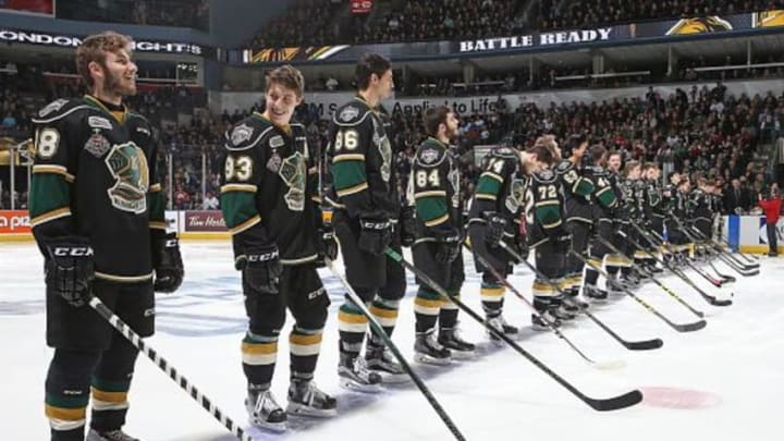 LONDON, ON - MAY 5: Mitche;ll Marner #93 and Victor Mete #98 of the London Knights enjoy a light moment prior to play against the Niagara IceDogs in Game One of the OHL Championship final for the J.Ross Robertson Cup on May 5,2016 at Budweiser Gardens in London, Ontario, Canada. The Knights defeated the IceDogs 4-1 to take a 1-0 series final lead. (Photo by Claus Andersen/Getty Images)