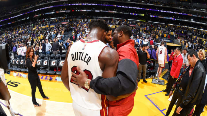 Jimmy Butler #22 of the Miami Heat talks with Former NBA Player, Dwyane Wade after the game against the Los Angeles Lakers (Photo by Andrew D. Bernstein/NBAE via Getty Images)