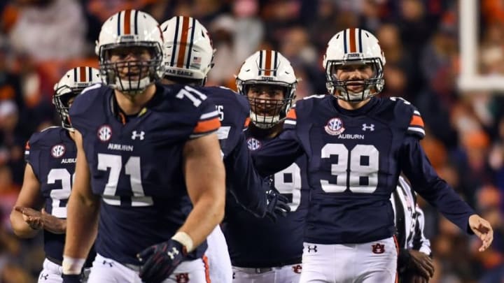 Nov 19, 2016; Auburn, AL, USA; Auburn Tigers place kicker Daniel Carlson (38) reacts after missing a long field goal attempt during the second quarter against the Alabama A&M Bulldogs at Jordan Hare Stadium. Mandatory Credit: Shanna Lockwood-USA TODAY Sports