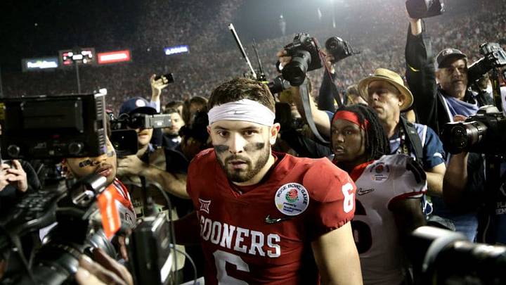 PASADENA, CA - JANUARY 01: Baker Mayfield #6 of the Oklahoma Sooners walks off the field after playing in the 2018 College Football Playoff Semifinal Game against the Georgia Bulldogs at the Rose Bowl Game presented by Northwestern Mutual at the Rose Bowl on January 1, 2018 in Pasadena, California. (Photo by Jeff Gross/Getty Images)