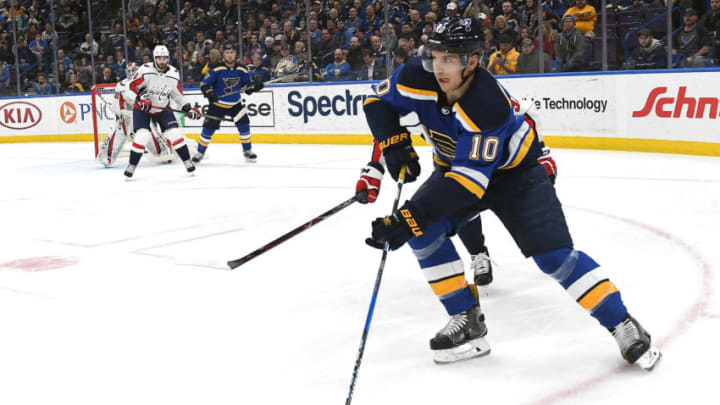 ST. LOUIS, MO - April 02: St. Louis Blues center Brayden Schenn (10) skates with the puck during a NHL game between the Washington Capitals and the St. Louis Blues on April 02, 2018, at Scottrade Certer, St. Louis, MO. Washington won, 4-2.(Photo by Keith Gillett/Icon Sportswire via Getty Images).