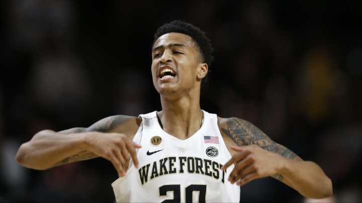 Jan 18, 2017; Winston-Salem, NC, USA; Wake Forest Demon Deacons forward John Collins (20) reacts to a score in the second half against the Miami (Fl) Hurricanes at Lawrence Joel Veterans Memorial Coliseum. Wake defeated Miami 96-79. Mandatory Credit: Jeremy Brevard-USA TODAY Sports