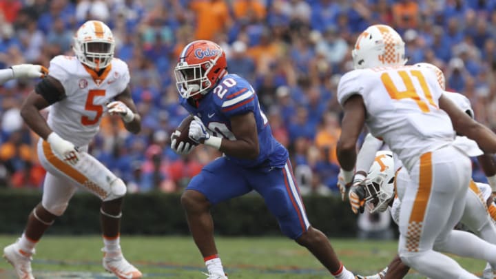 GAINESVILLE, FL - SEPTEMBER 16: Florida Gators running back Malik Davis (20) runs the ball in the 2nd quarter of the college football game between the Tennessee Volunteers and Florida Gators on September 16, 2017, at Ben Hill Griffin Stadium at Florida Field in Gainesville, FL. (Photo by Mark LoMoglio/Icon Sportswire via Getty Images)