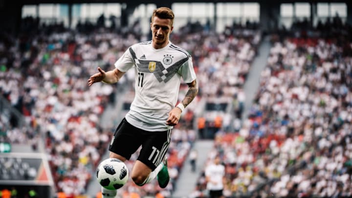 LEVERKUSEN, GERMANY - JUNE 08: (EDITORS NOTE: Image has been processed using a digital filter) Marco Reus of Germany in action during the International Friendly match between Germany and Saudi Arabia at BayArena on June 8, 2018 in Leverkusen, Germany. (Photo by Alexander Scheuber/Bongarts/Getty Images)