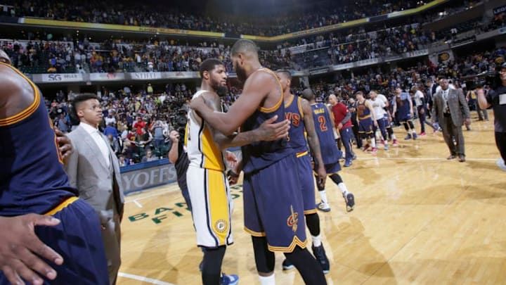 INDIANAPOLIS, IN - APRIL 23: Paul George #13 of the Indiana Pacers hugs Tristan Thompson #13 of the Cleveland Cavaliers after Game Four of the Eastern Conference Quarterfinals of the 2017 NBA Playoffs on April 23, 2017 at Bankers Life Fieldhouse in Indianapolis, Indiana. NOTE TO USER: User expressly acknowledges and agrees that, by downloading and/or using this photograph, user is consenting to the terms and conditions of the Getty Images License Agreement. Mandatory Copyright Notice: Copyright 2017 NBAE (Photo by Ron Hoskins/NBAE via Getty Images)