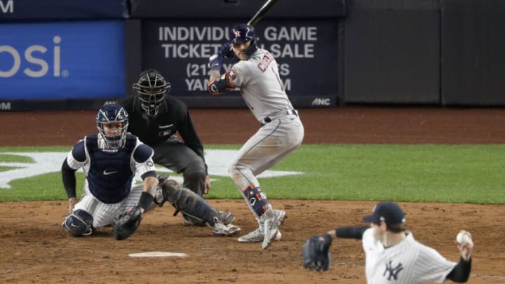 NEW YORK, NEW YORK - MAY 05: (NEW YORK DAILIES OUT) Carlos Correa #1 of the Houston Astros in action against the New York Yankees at Yankee Stadium on May 05, 2021 in New York City. The Yankees defeated the Astros 6-3. (Photo by Jim McIsaac/Getty Images)