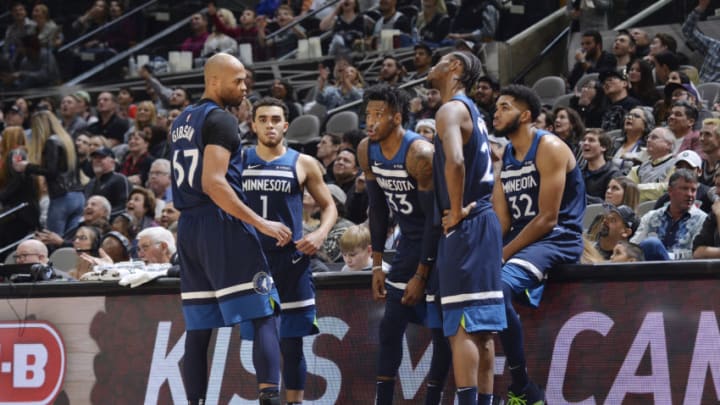 SAN ANTONIO, TX - DECEMBER 21: the Minnesota Timberwolves huddle up prior to the game against the San Antonio Spurs on December 21, 2018 at the AT&T Center in San Antonio, Texas. NOTE TO USER: User expressly acknowledges and agrees that, by downloading and or using this photograph, user is consenting to the terms and conditions of the Getty Images License Agreement. Mandatory Copyright Notice: Copyright 2018 NBAE (Photos by Mark Sobhani/NBAE via Getty Images)