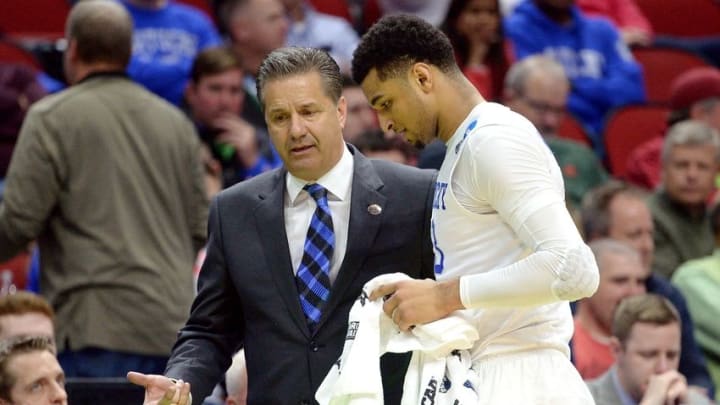 Mar 17, 2016; Des Moines, IA, USA; Kentucky Wildcats head coach John Calipari talks with guard Jamal Murray (23) during the second half in the first round of the 2016 NCAA Tournament at Wells Fargo Arena. Mandatory Credit: Steven Branscombe-USA TODAY Sports