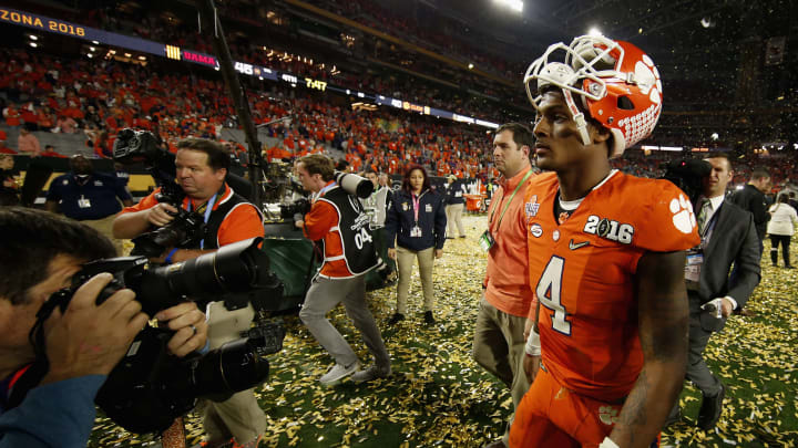 GLENDALE, AZ – JANUARY 11: Deshaun Watson #4 of the Clemson Tigers reacts after being defeated by the Alabama Crimson Tide with a score of 45 to 40 in the 2016 College Football Playoff National Championship Game at University of Phoenix Stadium on January 11, 2016 in Glendale, Arizona. (Photo by Sean M. Haffey/Getty Images)