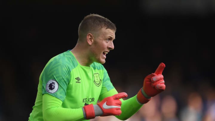 LIVERPOOL, ENGLAND - SEPTEMBER 16: Everton goalkeeper Jordan Pickford reacts during the Premier League match between Everton FC and West Ham United at Goodison Park on September 16, 2018 in Liverpool, United Kingdom. (Photo by Stu Forster/Getty Images)