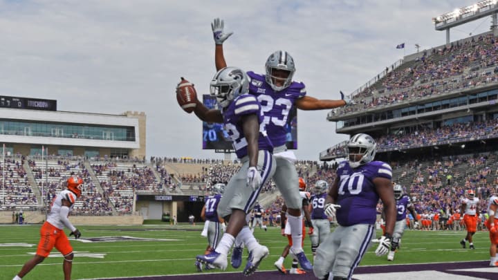 MANHATTAN, KS - SEPTEMBER 07: Running back Joe Ervin #22 of the Kansas State Wildcats celebrates after scoring a touchdown with wide receiver Joshua Youngblood #23 of the Kansas State Wildcats against the Bowling Green Falcons, during the second half at Bill Snyder Family Football Stadium on September 7, 2019 in Manhattan, Kansas. (Photo by Peter G. Aiken/Getty Images)