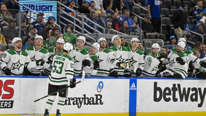 Apr 12, 2023; St. Louis, Missouri, USA; Dallas Stars center Wyatt Johnston (53) is congratulated by teammates after scoring against the St. Louis Blues during the first period at Enterprise Center. Mandatory Credit: Jeff Curry-USA TODAY Sports
