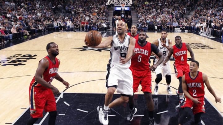 Mar 30, 2016; San Antonio, TX, USA; San Antonio Spurs point guard Tony Parker (9) shoots the ball against the New Orleans Pelicans during the second half at AT&T Center. The Spurs won 100-92. Mandatory Credit: Soobum Im-USA TODAY Sports