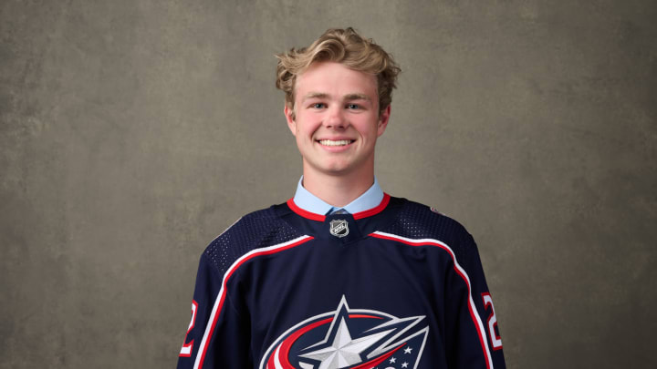 MONTREAL, QUEBEC – JULY 08: James Fisher, #203 pick by the Columbus Blue Jackets, poses for a portrait during the 2022 Upper Deck NHL Draft at Bell Centre on July 08, 2022 in Montreal, Quebec, Canada. (Photo by Minas Panagiotakis/Getty Images)