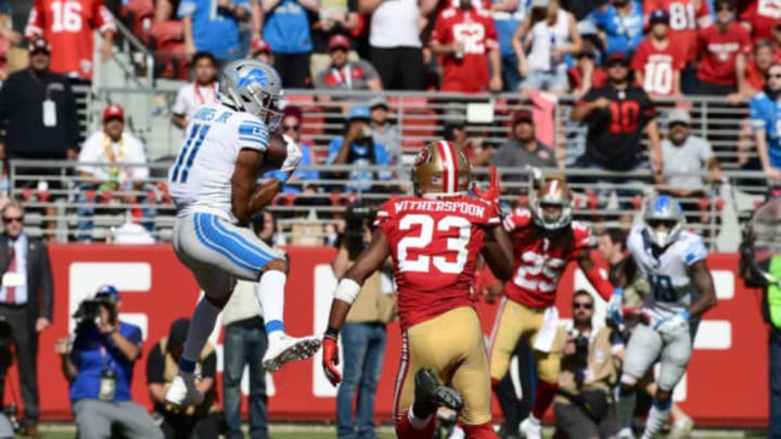 SANTA CLARA, CA – SEPTEMBER 16: Marvin Jones #11 of the Detroit Lions catches a touchdown pass over Ahkello Witherspoon #23 of the San Francisco 49ers during the fourth quarter of their NFL football game at Levi’s Stadium on September 16, 2018 in Santa Clara, California. The 49ers won the game 30-27. (Photo by Thearon W. Henderson/Getty Images)