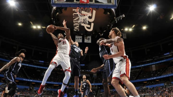 ORLANDO, FL - DECEMBER 30: Hassan Whiteside #21 of the Miami Heat goes to the basket against the Orlando Magic on December 30, 2017 at Amway Center in Orlando, Florida. NOTE TO USER: User expressly acknowledges and agrees that, by downloading and or using this photograph, User is consenting to the terms and conditions of the Getty Images License Agreement. Mandatory Copyright Notice: Copyright 2017 NBAE (Photo by Fernando Medina/NBAE via Getty Images)