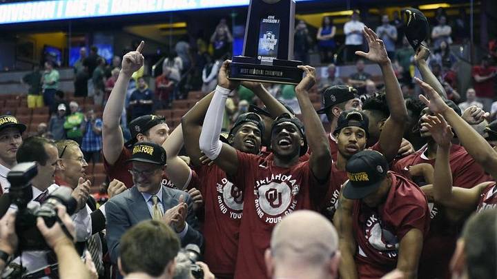 March 26, 2016; Anaheim, CA, USA; Oklahoma Sooners guard Buddy Hield (24) celebrates the 80-68 victory against Oregon Ducks to win the West regional final of the NCAA Tournament at Honda Center. Mandatory Credit: Richard Mackson-USA TODAY Sports