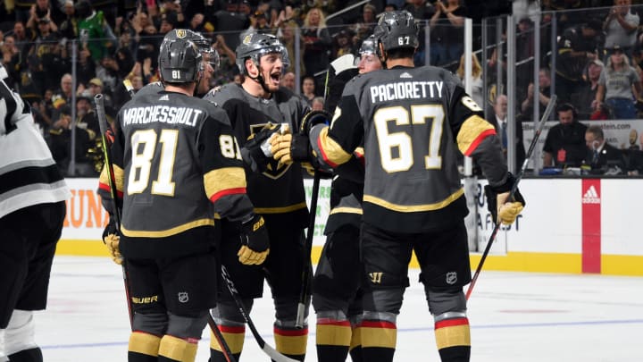 LAS VEGAS, NEVADA – SEPTEMBER 27: Paul Stastny #26 of the Vegas Golden Knights celebrates after scoring a goal during the third period against the Los Angeles Kings at T-Mobile Arena on September 27, 2019 in Las Vegas, Nevada. (Photo by David Becker/NHLI via Getty Images)