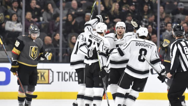 LAS VEGAS, NEVADA - JANUARY 09: Alec Martinez #27 of the Los Angeles Kings celebrates after scoring a goal during the first period against the Vegas Golden Knights at T-Mobile Arena on January 09, 2020 in Las Vegas, Nevada. (Photo by Jeff Bottari/NHLI via Getty Images)